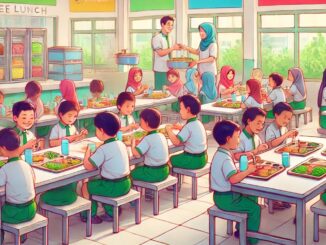 Ilustrasi, Program makan siang gratis yang disediakan oleh pemerintah Indonesia di sekolah. Gambar ini menunjukkan suasana kantin sekolah yang bersih dan cerah, dengan anak-anak menikmati makanan bergizi mereka.