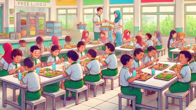 Ilustrasi, Program makan siang gratis yang disediakan oleh pemerintah Indonesia di sekolah. Gambar ini menunjukkan suasana kantin sekolah yang bersih dan cerah, dengan anak-anak menikmati makanan bergizi mereka.
