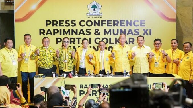 Konferensi pers petinggi Partai Golkar di acara Munas XI Partai Golkar di JCC Jakarta, Rabu, 21 Agustus 2024. Munas XI Partai Golkar secara resmi telah mengesahkan Bahlil Lahadalia sebagai Ketua Umum DPP Partai Golkar periode 2024-2029