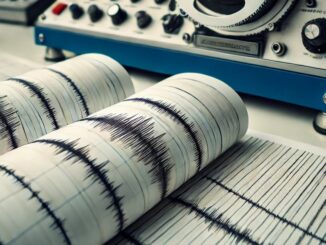 gambar yang menunjukkan sistem deteksi gempa bumi, dengan seismograf yang sedang beraksi, menunjukkan aktivitas seismik