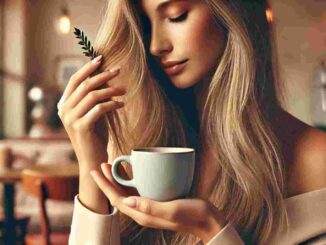Ilustrasi, menampilkan seorang wanita yang sedang memegang secangkir kopi sambil menyentuh rambutnya