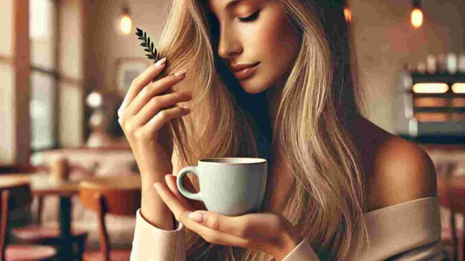 Ilustrasi, menampilkan seorang wanita yang sedang memegang secangkir kopi sambil menyentuh rambutnya