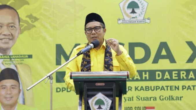 Ketua DPD Partai Golkar Jawa Tengah, Mohammad Saleh memberikan sambutan dalam acara Musyawarah Daerah (Musda) XI DPD Partai Golkar Kabupaten Pati di Hotel New Merdeka pada Senin (18/8/2025). 