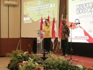 Ketua Golkar Brebes, Teguh Wahid Turmudi saat memberikan sambutan dalam acara Musyawarah Daerah (Musda) XI di Balroom Hotel Grand Dian Brebes, Kamis (28/8/2025).