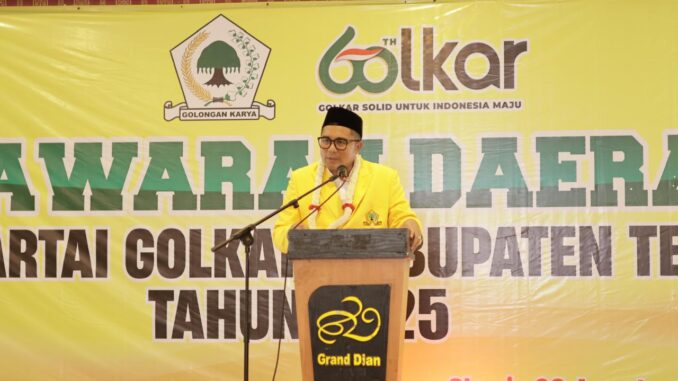 Ketua DPD Partai Golkar Jawa Tengah, Mohammad Saleh pada saat sambutan Musyawarah Daerah (Musda) XI DPD Partai Golkar Kabupaten Tegal, di Hotel Grand Dian Slawi, Kamis (28/8/2025). Ketua DPD Partai Golkar Jawa Tengah, Mohammad Saleh pada saat sambutan Musyawarah Daerah (Musda) XI DPD Partai Golkar Kabupaten Tegal, di Hotel Grand Dian Slawi, Kamis (28/8/2025).