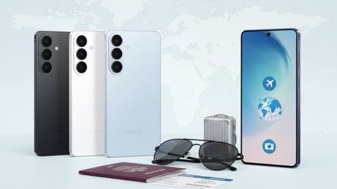 Smartphone flagship siap traveling: ponsel berkelas yang siap dengan paspor, boarding pass, dan koper kabin, Samsung Galaxy S26 sebagai teman untuk liburan dan kerja remote 2026. (istimewa)