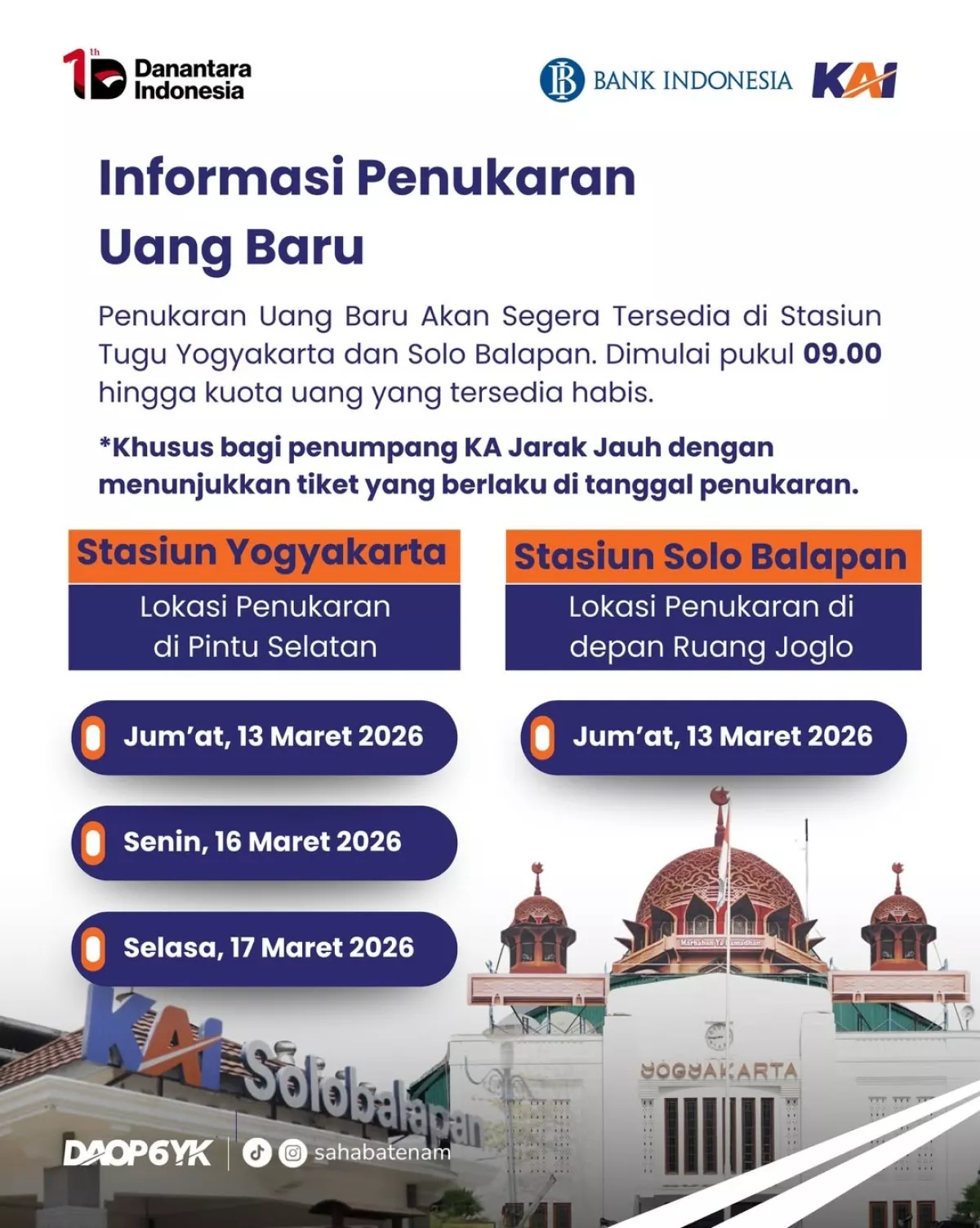 KAI Daop 6 Yogyakarta membuka layanan tukar uang baru di Stasiun Yogyakarta dan Solo Balapan jelang Lebaran 2026. Simak syarat, jadwal, lokasi, dan kuotanya.