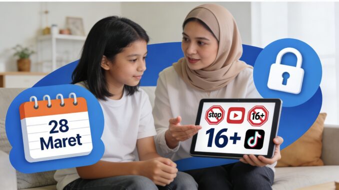 Larangan medsos anak 16 tahun berlaku di Indonesia mulai 28 Maret 2026 lewat PP 17/2025 dan Permen 9/2026, X, YouTube, dan TikTok mulai sesuaikan aturan. Larangan medsos anak 16 tahun berlaku di Indonesia mulai 28 Maret 2026 lewat PP 17/2025 dan Permen 9/2026, X, YouTube, dan TikTok mulai sesuaikan aturan.