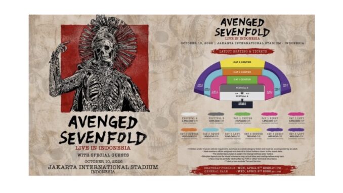 Ingin tiket gratis konser Avenged Sevenfold Jakarta di JIS 10 Oktober 2026? Cek jadwal war tiket resmi dan cara ikuti giveaway promotor di sini.