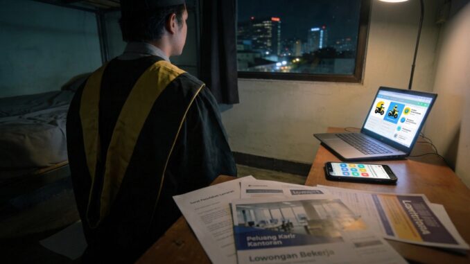 Gelar sarjana tak lagi menjamin kerja tetap. Gig economy membuka peluang baru, tapi juga menciptakan ketidakpastian bagi lulusan perguruan tinggi Indonesia. Gelar sarjana tak lagi menjamin kerja tetap. Gig economy membuka peluang baru, tapi juga menciptakan ketidakpastian bagi lulusan perguruan tinggi Indonesia.