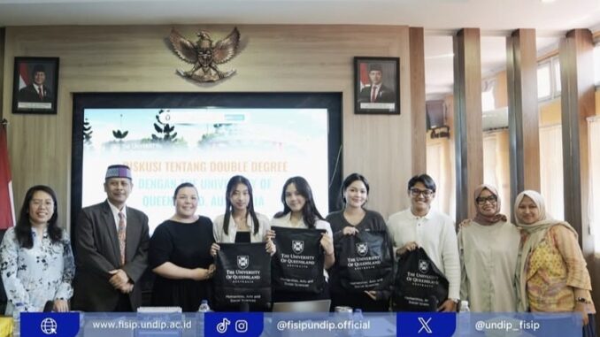 FISIP UNDIP menggelar diskusi implementasi program double degree dengan University of Queensland, membuka peluang global bagi mahasiswa IUP mulai Juli 2026.
