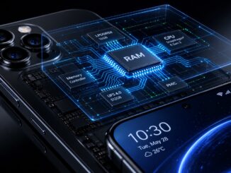 Ilustrasi fotografi HP canggih dengan visual modul RAM dan grafik kenaikan harga memori di layar, menggambarkan krisis pasokan chip memori global hingga 2028.