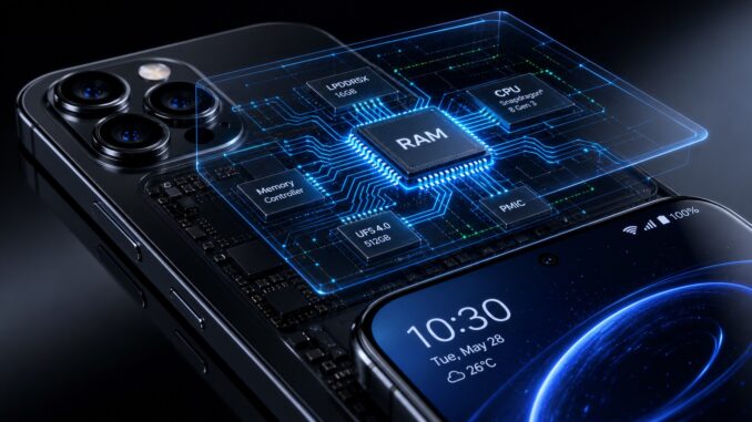Ilustrasi fotografi HP canggih dengan visual modul RAM dan grafik kenaikan harga memori di layar, menggambarkan krisis pasokan chip memori global hingga 2028.
