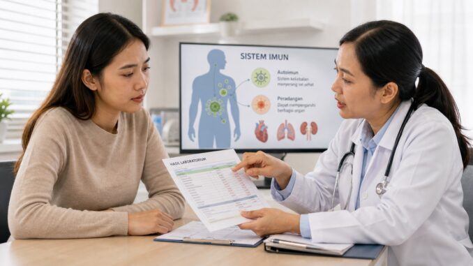 Ilustrasi pasien dengan penyakit autoimun sedang berkonsultasi dengan dokter