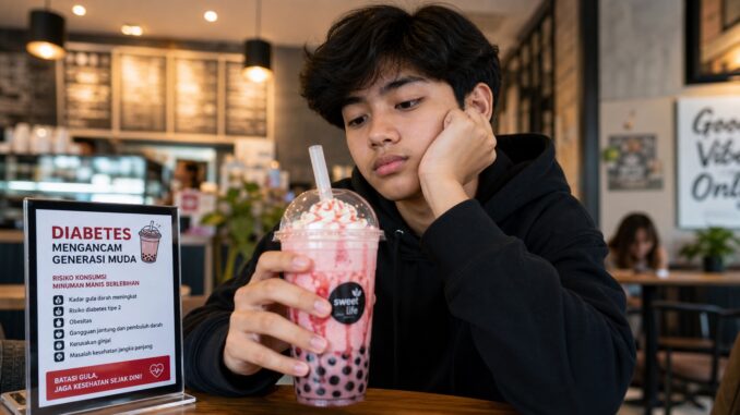 Ilustrasi remaja mengonsumsi minuman manis terkait diabetes usia muda