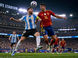 Ilustrasi, Pemain Spanyol dan Argentina berebut bola dalam laga final Piala Dunia 2026