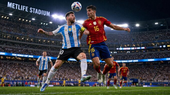 Ilustrasi, Pemain Spanyol dan Argentina berebut bola dalam laga final Piala Dunia 2026