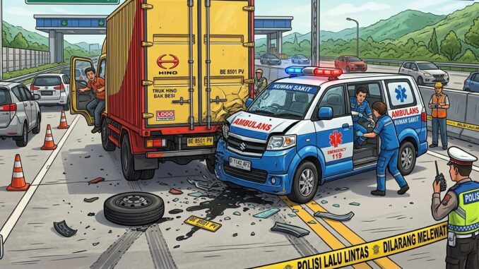 Kecelakaan beruntun melibatkan 4 kendaraan di Tol Batang-Semarang KM 379. Tiga penumpang ambulans meninggal dunia setelah menabrak truk Hino.