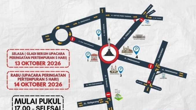 Rekayasa lalu lintas Tugu Muda, penutupan jalan Tugu Muda Semarang, peringatan Pertempuran 5 Hari Semarang 2026, jalur alternatif Semarang, kantong parkir Tugu Muda.